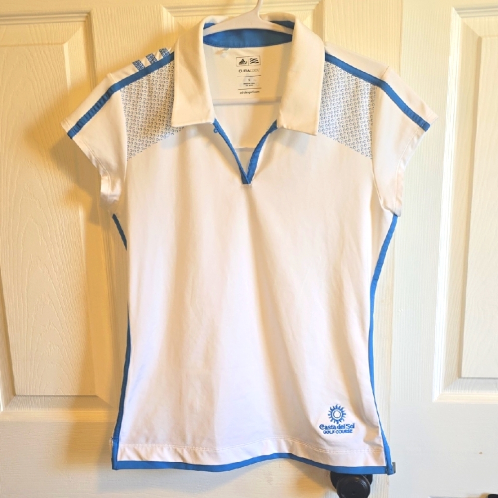adidas White and Blue Golf Polo Top